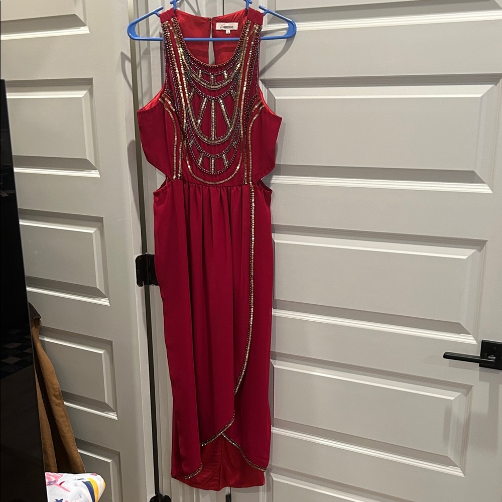 Revolve Red Backless Dress with Gold Accents